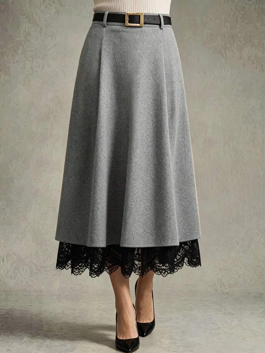 Franclia Grey Lace Patchwork A-Line Skirt, High Waist Slimming, Elegant For Commute And Everyday Wear, Autumn/Winter - Grey - View 1