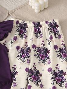 SHEIN 女童短袖上衣 + 復古小碎花寬腿褲 2件套，低飽和森系風格，適合日常穿著，7歲生日夏季紫色 - 紫色 - 查看 5