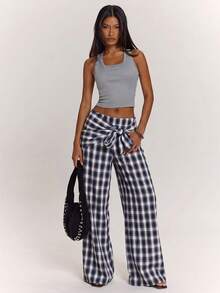 SHEIN BAE Women's Casual Daily Wear Versatile Brown Plaid Scarf-Style Loose Wide Leg Long Pants/Plaid Long Pants/Casual Long Pants/Wide Leg Long Pants/Work Long Pants/Outing Long Pants/Airport Long Pants/Vintage Long Pants - Navy Blue - View 3