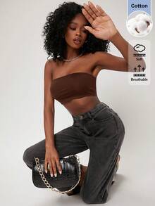 SHEIN BASICS 女款純色極簡舒適抹胸上衣，性感時尚 - 咖啡棕 - 查看 4