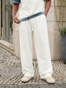 Manfinity EZcore Plus Size Men's Casual Solid Color Drawstring Waist Pocket Sweatpants, Holiday - Beige - View 3