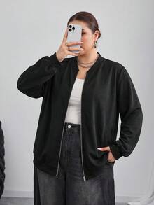 SHEIN CURVE+ Casual Smart Black Zipper Short Plus Size Flight Jacket Autumn 2026 22W - Black - View 6
