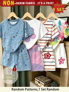 Conjunto de camiseta corta básica y pantalones cortos con estampado de rayas y patchwork floral fresco para niñas - Multicolor - Ver 1
