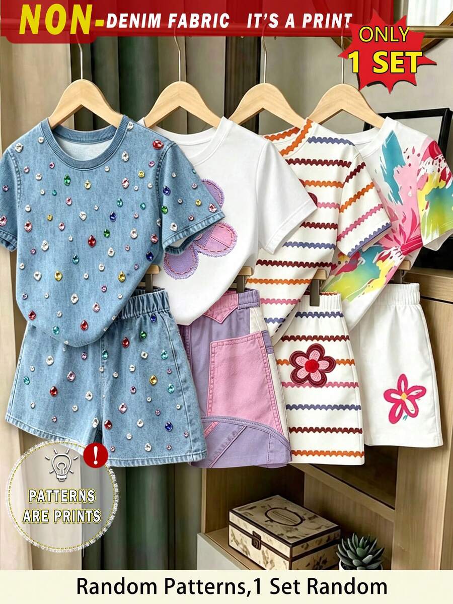 Conjunto de camiseta corta básica y pantalones cortos con estampado de rayas y patchwork floral fresco para niñas - Multicolor - Ver 1