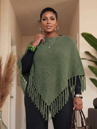 Slaydiva Early Autumn New Arrival, Casual Streetwear, Elegant Date, Gathering, Back To School, Holiday, Wedding, Best Friend Shopping, Dinner, Holiday Occasions, Army Green, Loose Asymmetrical Hem, Tassel, Crochet, Women's Plus Size Pullover Sweater - A