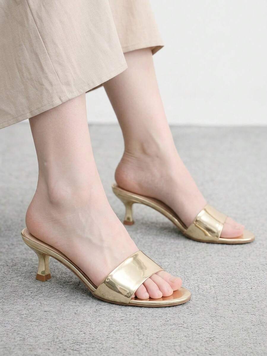 CUCCOO BIZCHIC Summer New Round Toe Mid-Heel Gold One-Piece Women's High-Heeled Sandals Slippers Daily Versatile Simple Commute All-Match Toe Dew Women's Sandals - Iron plate light gold - View 1