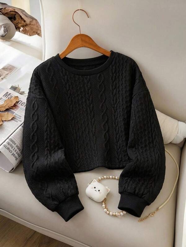 SHEIN Tween Girls' Casual Sports Versatile All-Match Knit Cable Textured Crew Neck Cropped Loose Pullover Sweatshirt,In Fall/Winter