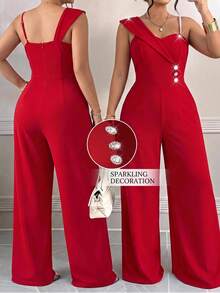 Elenzga Spring/Summer Women's Elegant Exquisite Asymmetric Neckline Cinched Waist Rhinestone Buckle Decor Button Pearl Shoulder Strap Jumpsuit, Suitable For Work, Commuting, Shopping And More Occasions - Red - View 1