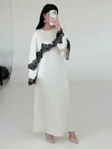 Yasmeen Edit Yasmeen Edit Women's Elegant Round Neck Contrast Lace Dress - Multicolor - View 2