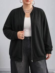 SHEIN CURVE+ Casual Smart Black Zipper Short Plus Size Flight Jacket Autumn 2026 22W - Black - View 4