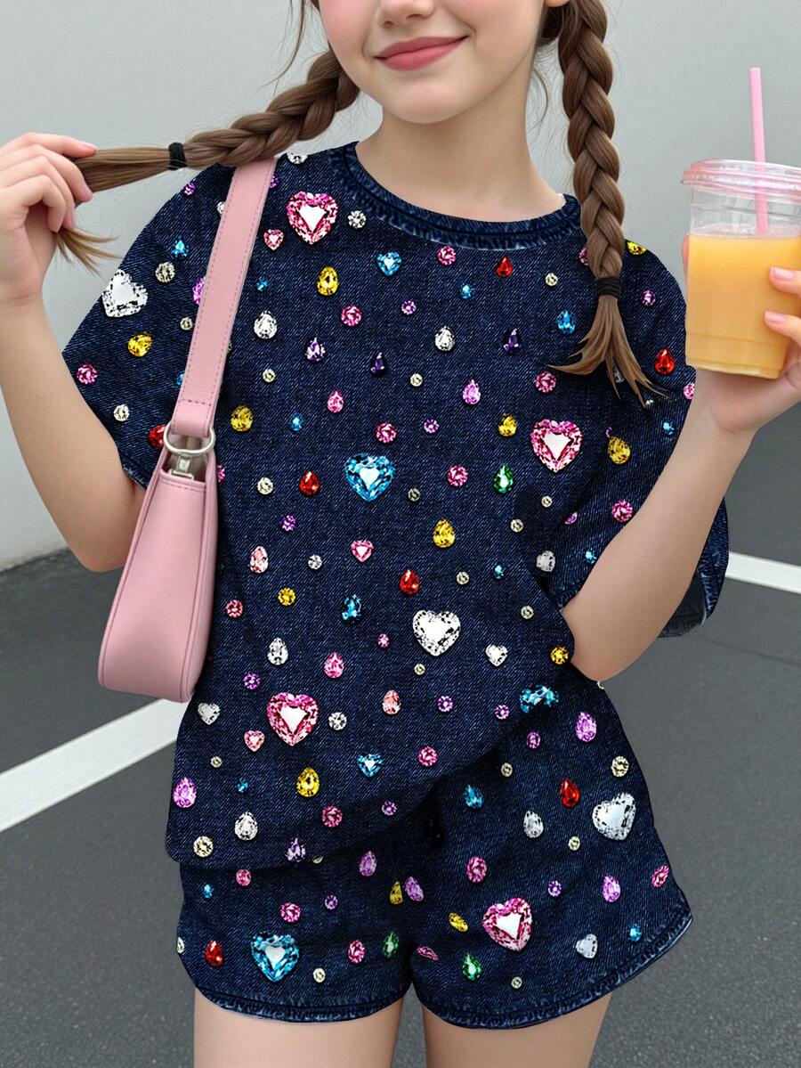 Tween女孩休閒極簡可愛甜美波點亮面紋理愛心印花,鈷藍色,短袖短褲兩件套,適合夏季舒適春夏風格,圖案,日系可愛 - 彩色 - 查看 1