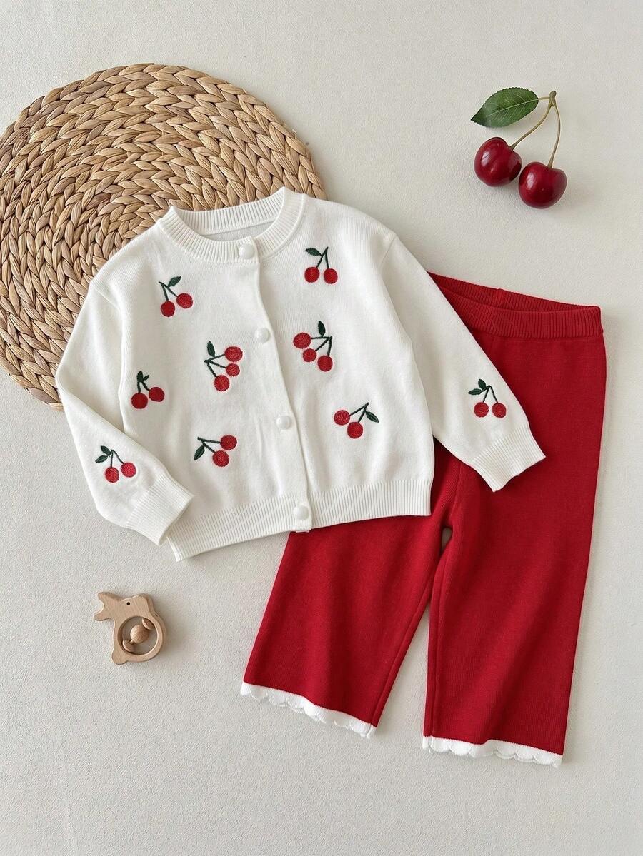 SHEIN Set Baju Rajut Lengan Panjang dan Celana Panjang Motif Bahasa Inggris untuk Bayi Perempuan - Putih - View 1