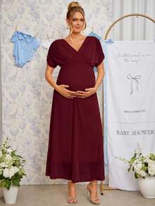 Loomaby Elegant Solid Color Maternity Party Dress - Burgundy - View 11