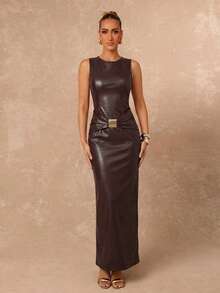 Lumalex Fall Winter Women's Long Sleeveless Round Neck Fitted Bodycon Sexy Ruched Dress With Ribbon And Metal Decor, Faux Leather Dawn-To-Gala Elegant - Coffee Brown - View 5