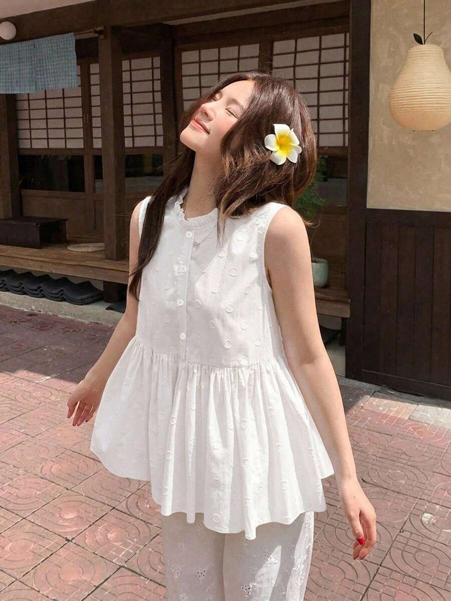 DAZY 女款無袖純色青春風襯衫 - 白色 - 查看 1