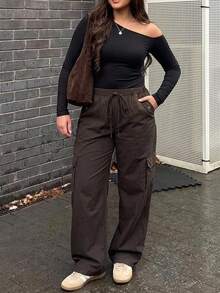 Solavibe Plus Size Women Solid Color Drawstring Waist Pocket Casual Daily Sweatpants,Brown Cargo Pants For Women,Plus Size Brown Drawstring Multi Pocket Cargo - Rust Brown - View 1