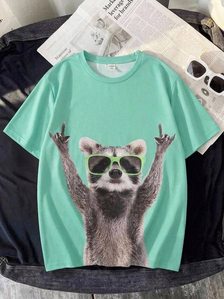 SHEIN Tween Boy Cute Cartoon Animal Print Round Neck Pullover Knit T-Shirt - Green - View 6