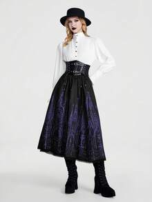 Breakform Rok Wanita Kasual Punk Gothic Bermotif Bunga dan Mengembang - Hitam - View 6
