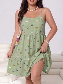 SHEIN EZwear 蝴蝶印花休閒大尺碼女款洋裝 - 橄欖綠 - 查看 5
