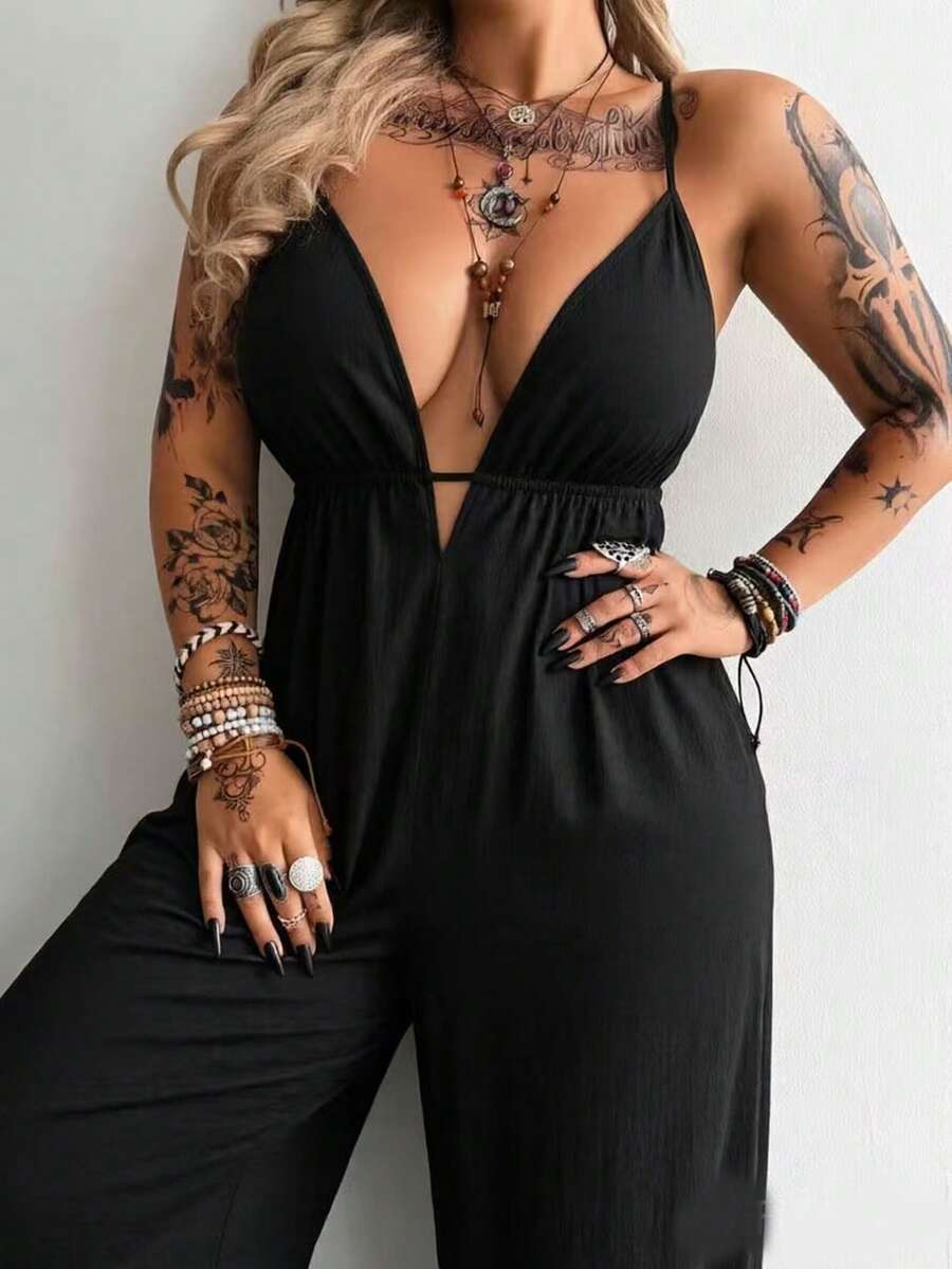 Whyspr Plus Size Dark Style V-Neck Cami Strap Waist-Cinched Long Loose Jumpsuit - Black - View 1