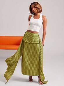 NYA SZN Skirt Maxi Length Gingham Tiered Layered Fit And Flare Plaid Picnic Brunch Casual Everyday Street Style Summer Statement Unique Blue Outfits For Women - Yellow - View 4