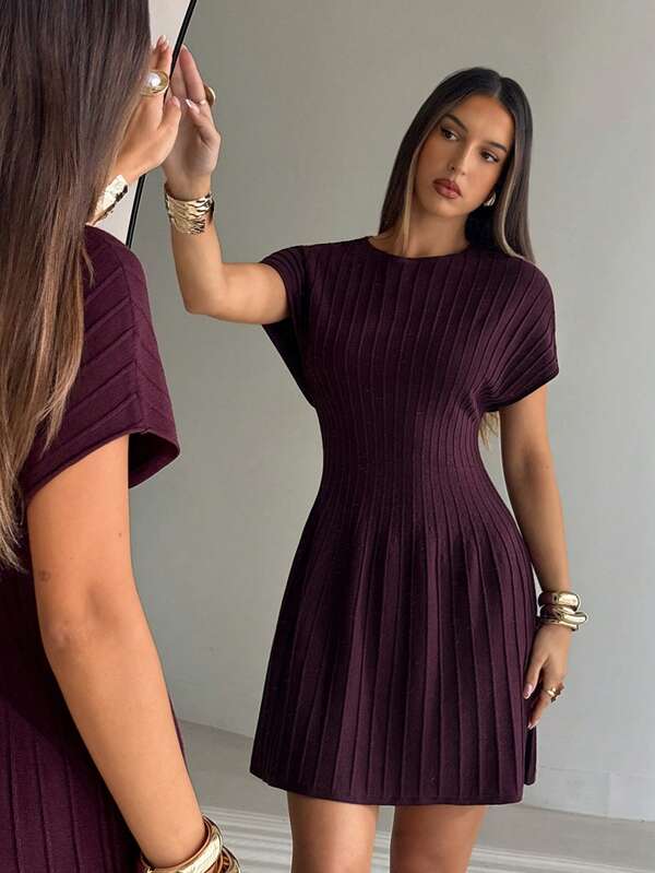Aloruh Women's Round Neck Batwing Sleeves Dark Purple/ Pleated Knit Dress Autumn Winter Office Party Brunch Casual Formal Elegant Daily Use Teachers' Day