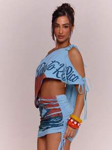 MUSERA 不對稱圖案印花垂墜收腰迷你洋裝 春夏度假假日 伊比薩波希米亞風 優雅休閒 嘉年華節慶 - 藍色 - 查看 3