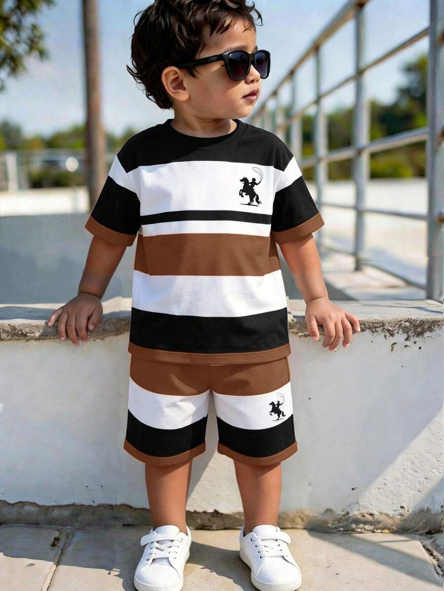 Young Boy Casual Minimalist Knight Striped Print Short Sleeve T-Shirt And Shorts Set - Multicolor - View 1