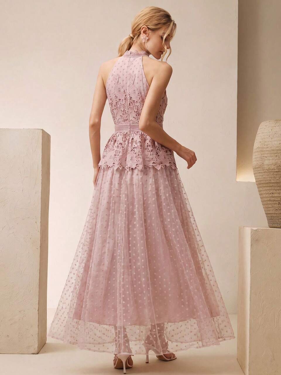 Anewsta Women's Elegant Exquisite Fashion Design Polka Dot Heavy Lace Embroidery Sleeveless Slimming Dress, Fashionable, Going Out, Party, Formal, Wedding