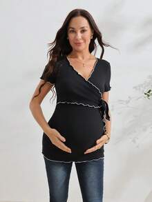 GentleRue Maternity French Style Colorblock Flutter Sleeve Pure Cotton Maternity Top, Ruffle V-Neck Slimming Maternity Blouse, High Elastic Knit Maternity T-Shirt Summer Wear - Black - View 9
