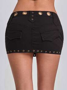 ACID BLVD Summer Y2K Grunge Metal Eyelet Design Straight Mini Denim Skirt - Black - View 7