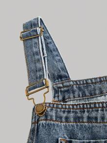 SHEIN Girls' Blue Denim Loose Overalls - Dark Wash - View 6