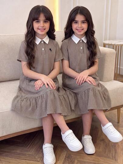 SHEIN Tween Girl Casual Colorblock Polo Collar Fitted Loose Half-Open Front Patchwork A-Line Frill Trim Exquisite Small Logo Embroidered Brown Woven Plaid Dress Blue Back To School Khaki