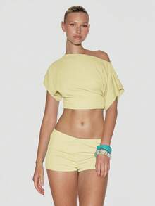 MUSERA Boatneck Batwing Sleeve Fitted Waist Extreme Cropped Top - Light Yellow - View 5