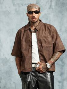INCRYTM Men's Dark Brown Streetwear Textured PU Zip-Up Boxy Cropped Shirt,Relaxed Oversized Fit,Chest Pocket,Autumn,City Break Retro Casual Outfits - Brown - View 1