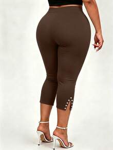 SHEIN LUNE CURVE 大尺碼女款水鑽休閒百搭日常穿著內搭褲 - 棕色 - 查看 2