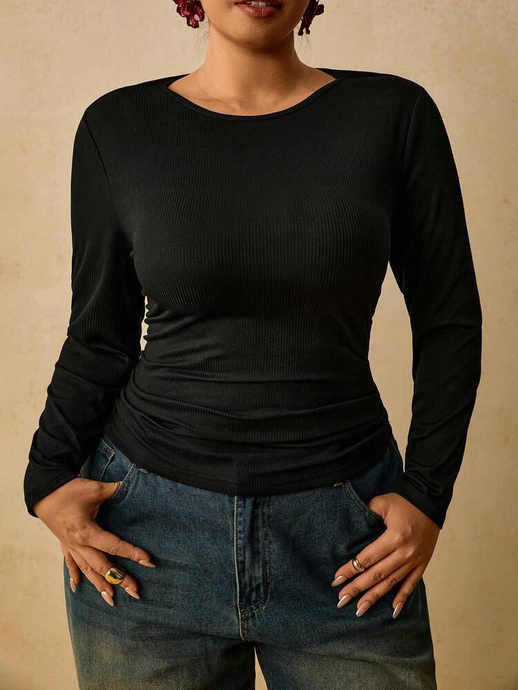 Travachic Plus Size Women's Black Long Sleeve Crew Neck Thermal Base Layer, Ruched Waist T-Shirt - Black - View 1