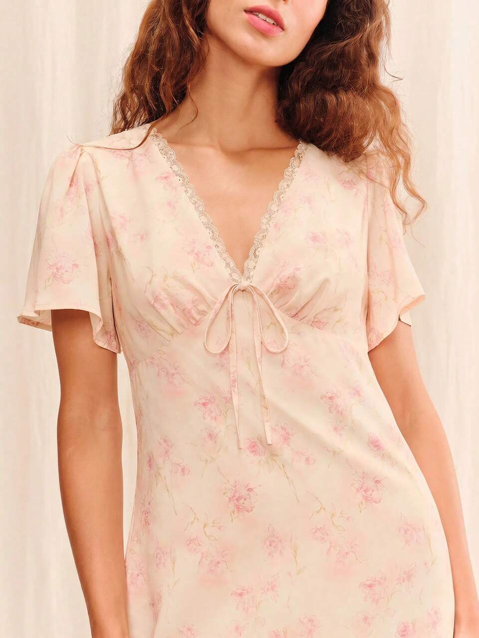 Vestido Mini com Decote em V Floral Vintage Rosa Claro, Vestido Casual de Estilo Francês para Férias de Verão