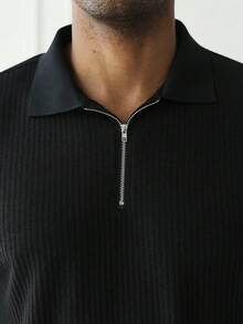 HUEFORM 男士成熟風針織羅紋紋理半拉鍊休閒通勤精緻夏季短袖POLO衫 - 黑色 - 查看 6