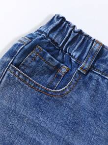 SHEIN 女童 26 新款休閒牛仔長褲，四季皆宜淺藍色復古水洗磨損破洞小孔時尚百搭長褲 - 深色水洗藍 - 查看 5