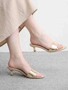 CUCCOO BIZCHIC Summer New Round Toe Mid-Heel Gold One-Piece Women's High-Heeled Sandals Slippers Daily Versatile Simple Commute All-Match Toe Dew Women's Sandals - Iron plate light gold - View 4