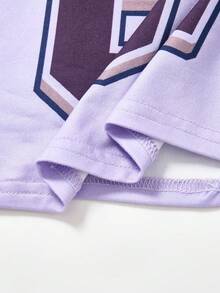 SHEIN Setelan Kaos Lengan Pendek dan Rok Motif Ungu untuk Anak Perempuan - Purple - View 6
