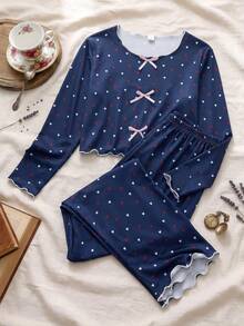 Girls' Royal Blue Small Heart Print Long Sleeve Cropped Top And Matching Heart Print Long Pants Pajama Loungewear Set - Royal Blue - View 8