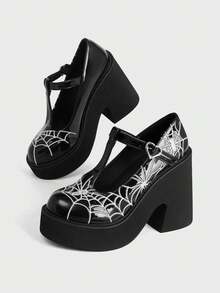 Sugerpunk Women Shoes Fashion Slope Heel Platform Shoes, Punk Style Gothic Street Style Round Toe Thick Sole Embroidery Thread Spider Web Buckle Design - matt carbon black - View 5