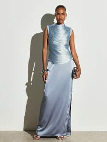 KSTM Sleeveless Mock Neck Ruched Metallic Shimmer Tank Top With Back Zip Closure Elegant Evening Party Wear - Baby Blue - View 3
