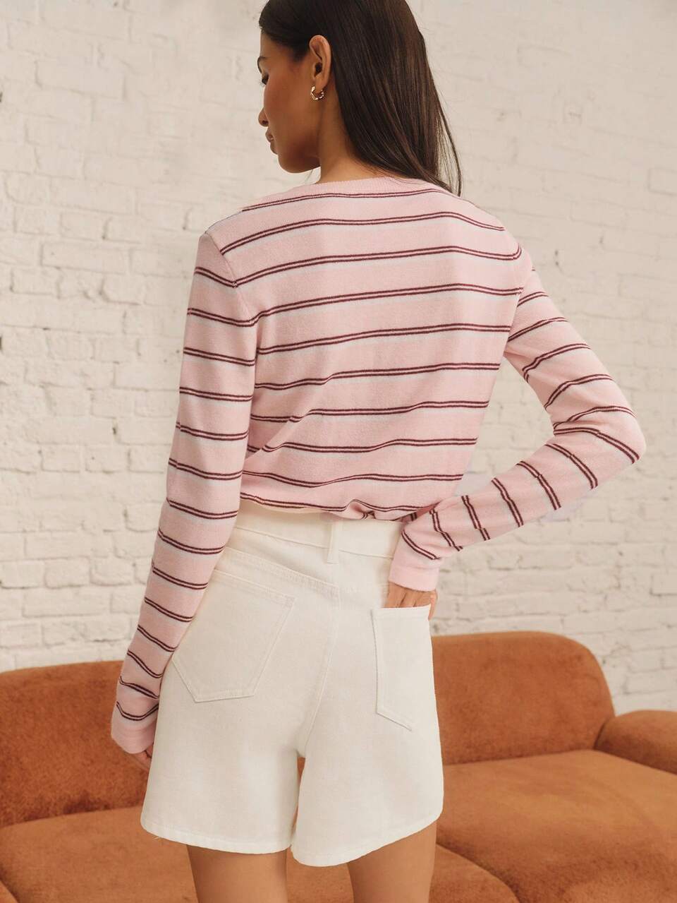 Pink Striped Long Sleeves Wool Blended Knit Sweater Top With A Round Neckline Summer Autumn Casual Daily