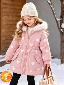 SHEIN Elladie kids 冬季女童休閒西式嬰兒白色愛心印花連帽中長款棉外套，毛邊飾，極地抓絨內裡，彈性腰帶，寬鬆版型 - 粉色 - 查看 2