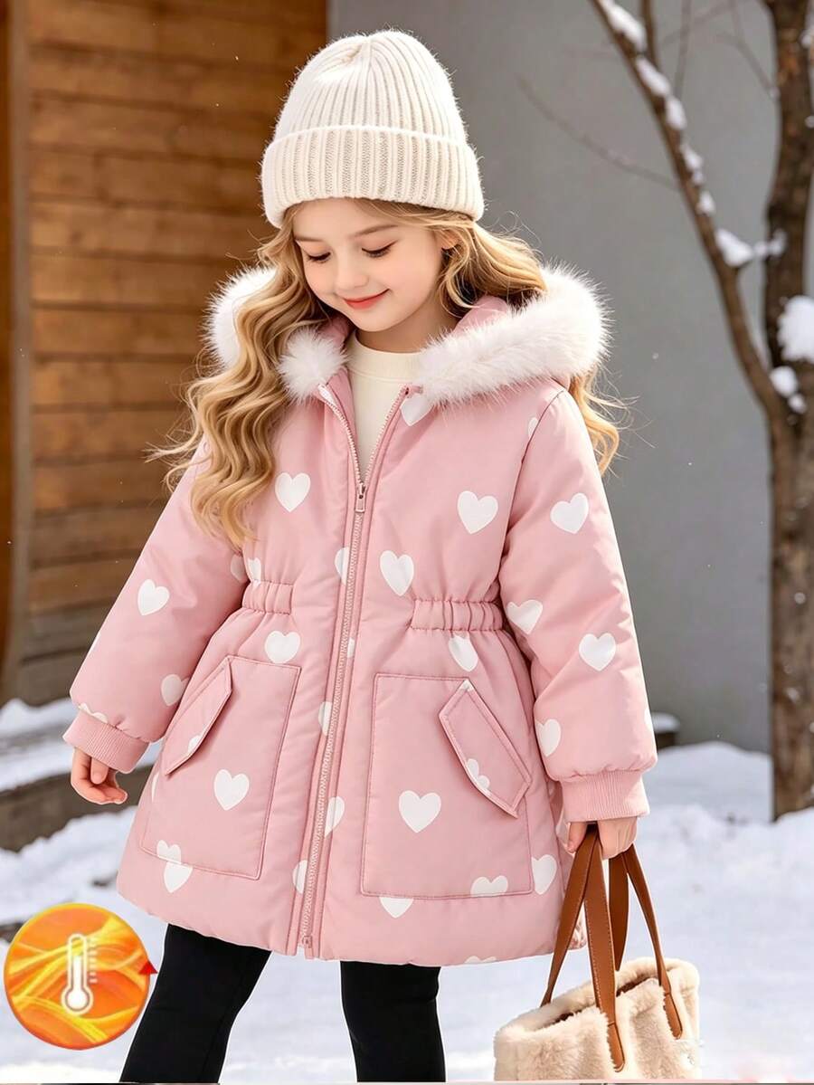 SHEIN Elladie kids 冬季女童休閒西式嬰兒白色愛心印花連帽中長款棉外套，毛邊飾，極地抓絨內裡，彈性腰帶，寬鬆版型