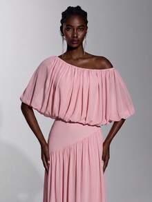 Elitara Elegant Dusty Pink Stretch Mesh Bridesmaid Dress Hand-Pleated Asymmetrical Neckline Tulip Design Pleated A-Line Formal Wedding Evening Party - Pink - View 3