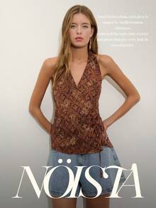 Nöista 棕色與橘色印花交叉掛脖上衣，側面收口，春夏款 - 棕色 - 查看 7